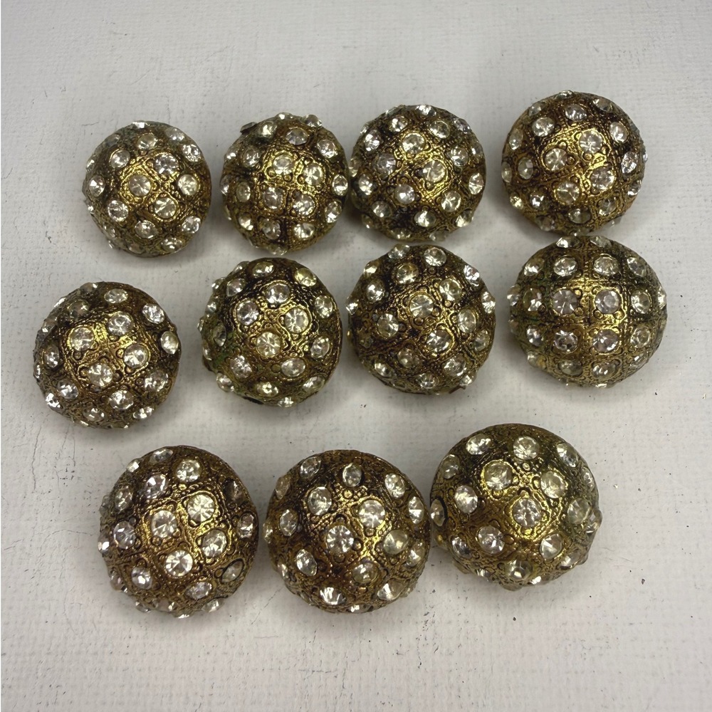 Vintage Gold Tone Metal Shank Decorative Buttons Set of 11 Rhinestones